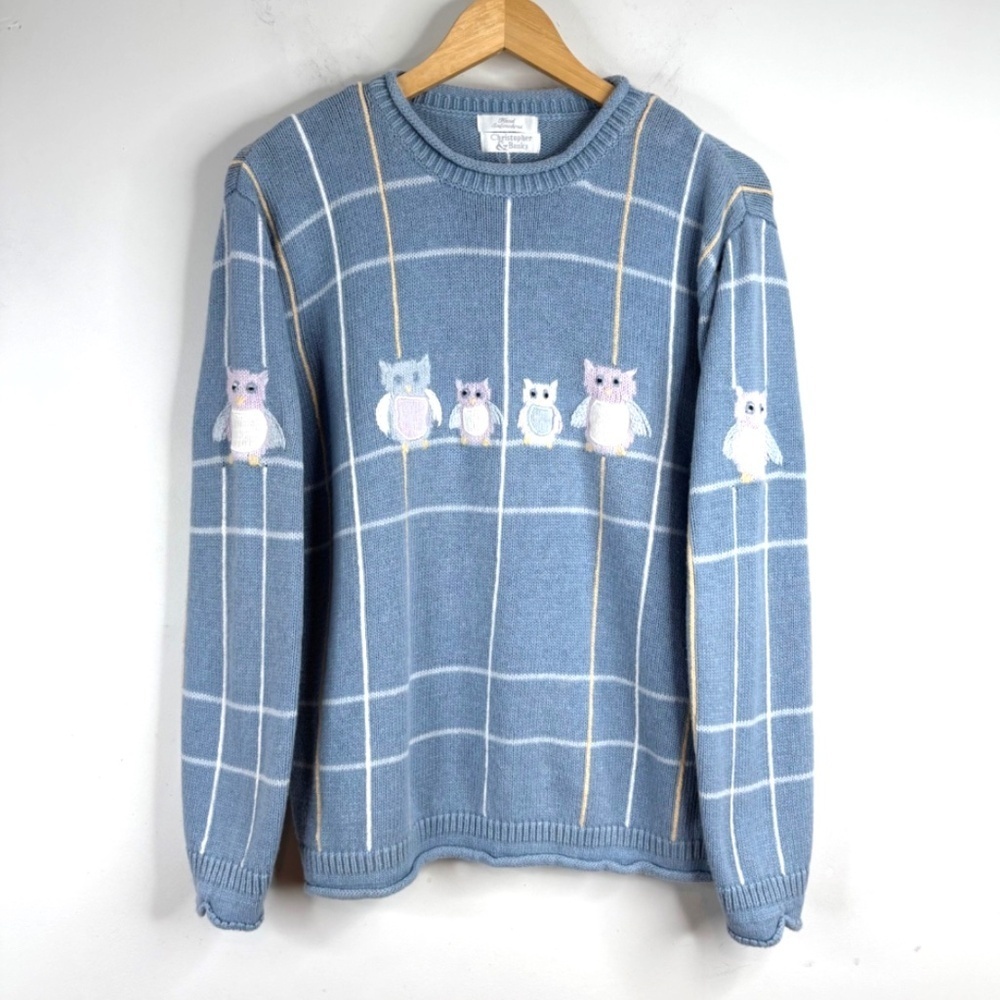 VTG 90s Granny Sweater L Embroidered Owl Hand Knit Windowpane Cottage Blue Twee